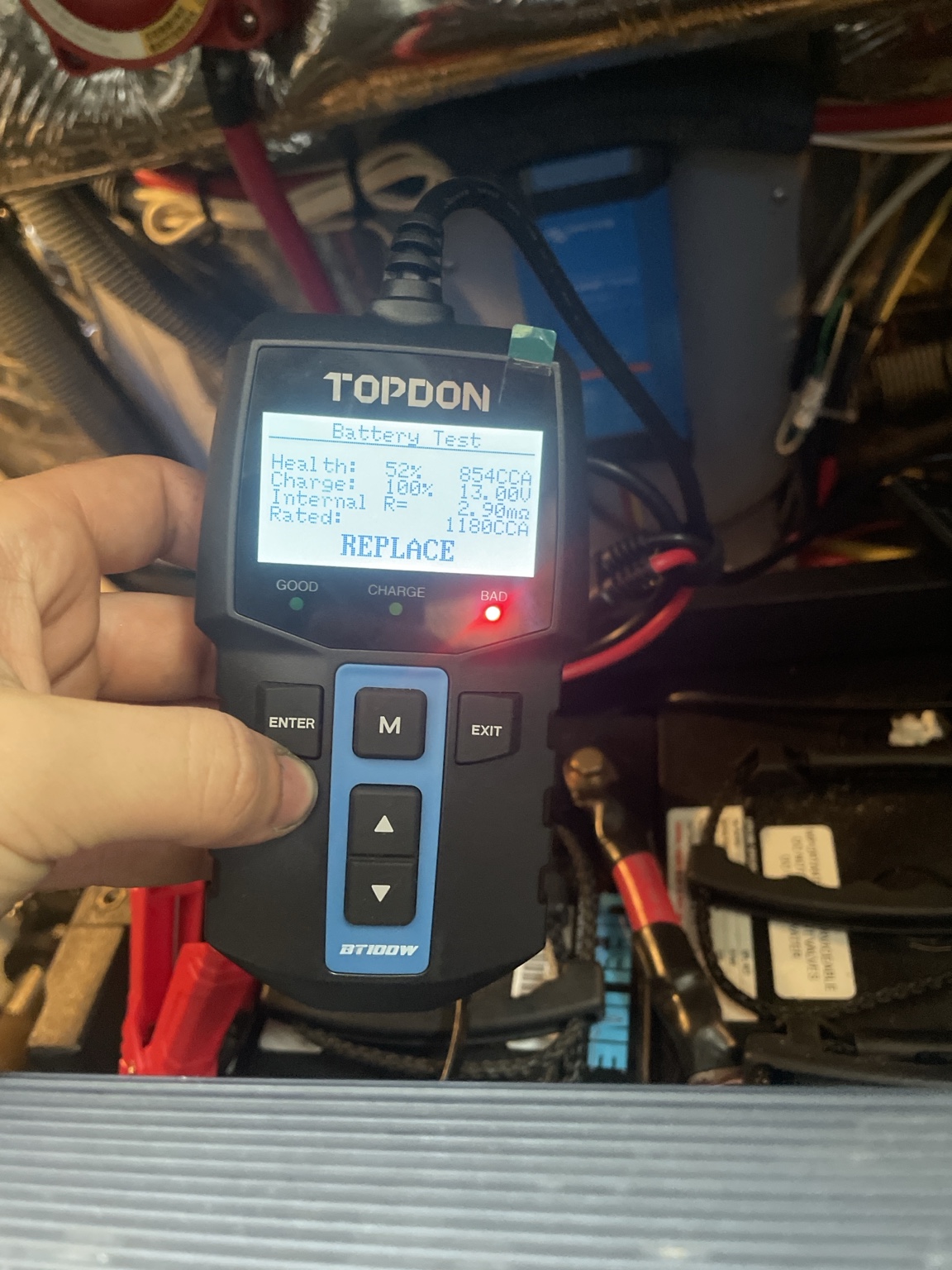 Marine battery tester displaying battery test results