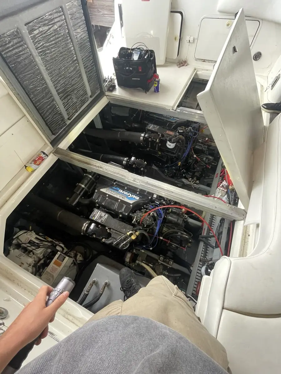 Boat engine room prepared for winterization at a Seattle marina